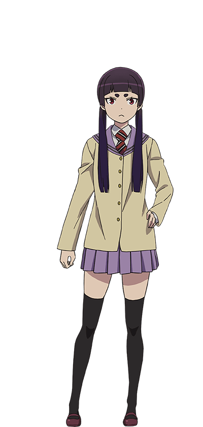 oohigashi yurie, kamiki izumo, ao no exorcist, official art, 1girl, anime coloring, black thighhighs, blunt bangs, brown jacket, closed mouth, collared shirt, full body, hand on own hip, jacket, long hair, long sleeves, looking at viewer, mary janes, necktie, pleated skirt, purple hair, purple sailor collar, purple skirt, red eyes, red necktie, red shoes, sailor collar, school uniform, shirt, shoes, short eyebrows, simple background, skirt, solo, standing, striped necktie, thick eyebrows, thighhighs, thighs, transparent background, tsurime, twintails, white shirt, zettai ryouiki