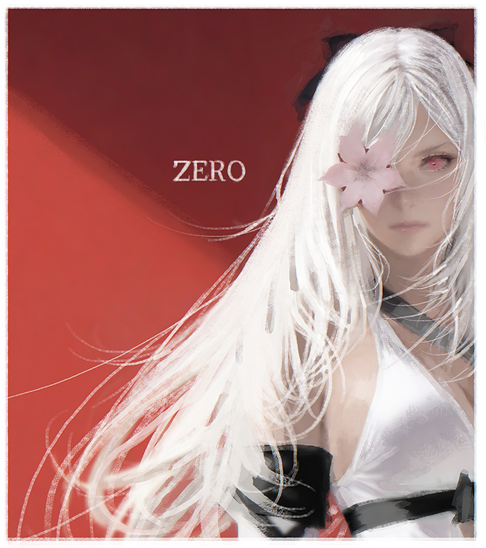 d.k, zero (drag-on dragoon), drag-on dragoon, drag-on dragoon 3, 1girl, black bow, bow, breasts, character name, cleavage, detached sleeves, dress, flower, flower over eye, hair bow, long hair, medium breasts, pink eyes, solo, white dress, white hair