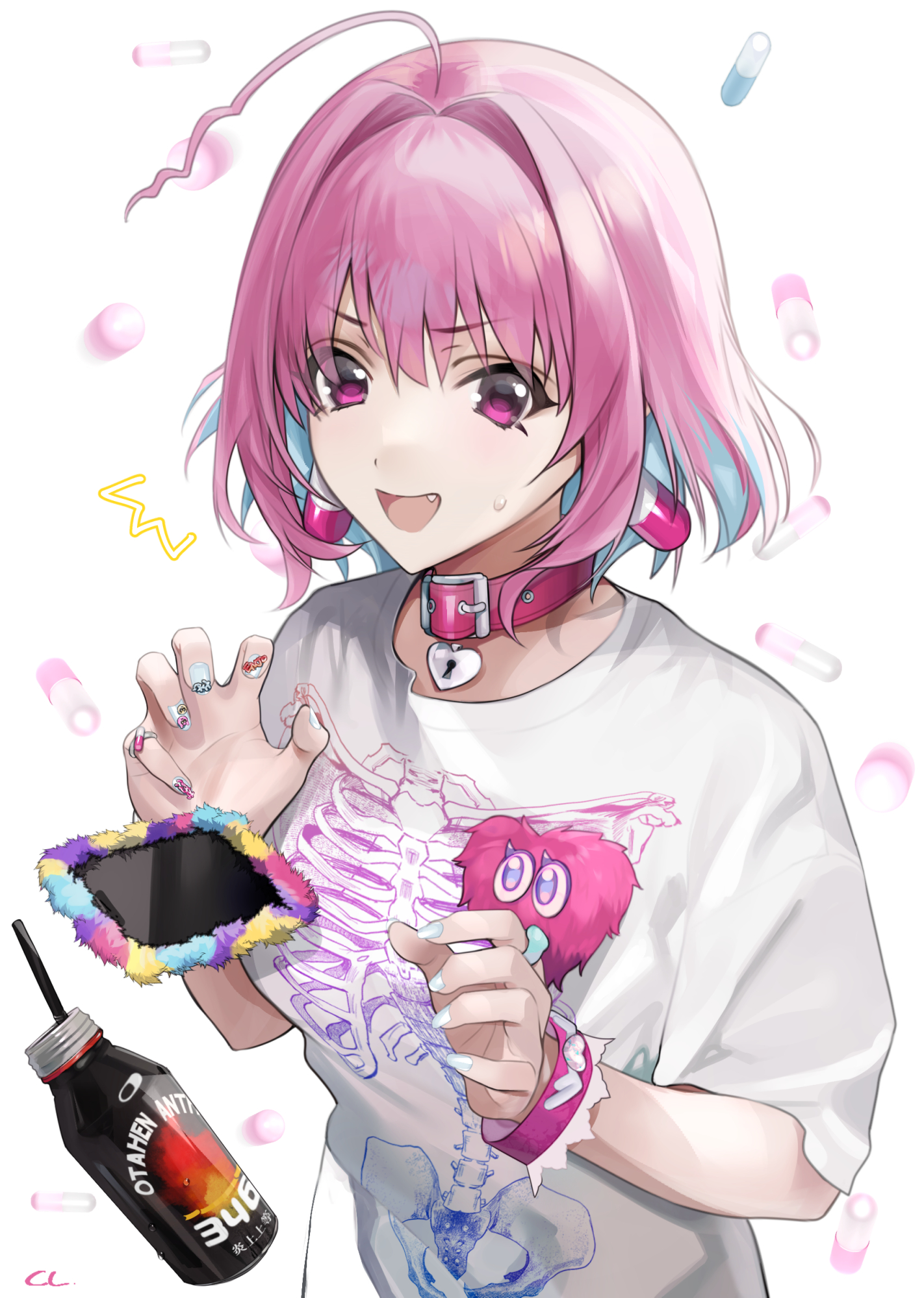 citrus lemon, yumemi riamu, idolmaster, idolmaster cinderella girls, idolmaster cinderella girls starlight stage, highres, 1girl, ^^^, ahoge, aqua hair, aqua nails, belt, belt collar, breasts, cellphone, choker, collar, colored inner hair, drink, earrings, emoji, fang, fanged bangs, fingernails, hair intakes, heart-shaped lock, heart collar, heart ornament, jewelry, looking at viewer, medium hair, multicolored hair, nail art, nail polish, open mouth, phone, pill, pill earrings, pill ring, pink belt, pink choker, pink collar, pink eyes, pink hair, pink wrist cuffs, pleading face emoji, print shirt, ring, shirt, short sleeves, skull print, smartphone, smile, solo, sweatdrop, t-shirt, two-tone hair, white background, white shirt, wrist cuffs