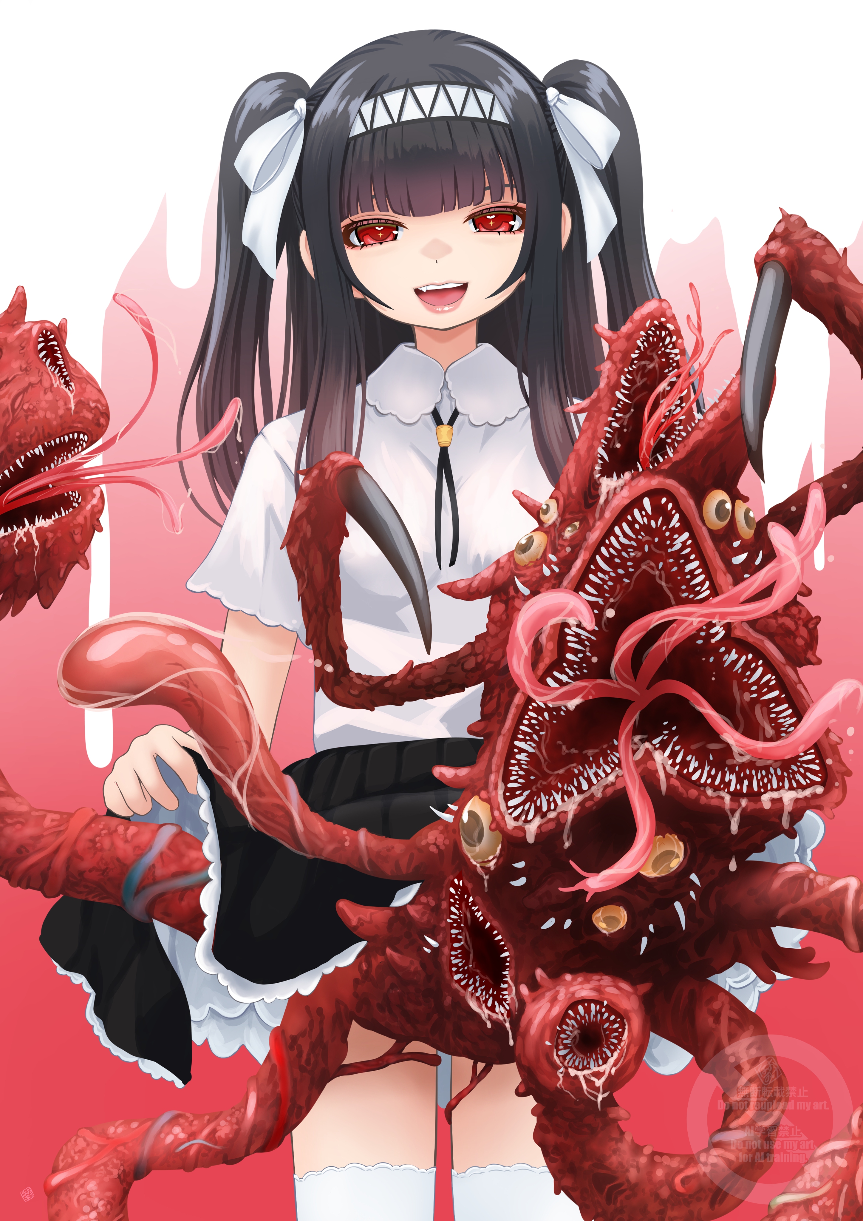 nao suke, original, absurdres, highres, 1girl, black hair, black skirt, blush, bow, breasts, clothes lift, creature, hair bow, layered skirt, lifting own clothes, long hair, looking at viewer, miniskirt, open mouth, red eyes, simple background, skirt, skirt lift, small breasts, smile, solo, thighhighs, twintails, white background, white bow, white thighhighs
