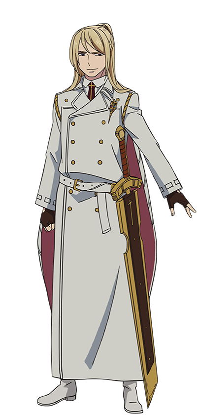 oohigashi yurie, arthur auguste angel, ao no exorcist, official art, 1boy, anime coloring, belt, black eyes, blonde hair, boots, brown gloves, clenched hand, cloak, closed mouth, coat, collared shirt, fingerless gloves, full body, gloves, long hair, long sleeves, looking at viewer, necktie, open hand, outstretched arm, ponytail, red necktie, scabbard, sheath, sheathed, shirt, simple background, smile, solo, standing, sword, transparent background, weapon, white belt, white boots, white coat, white shirt