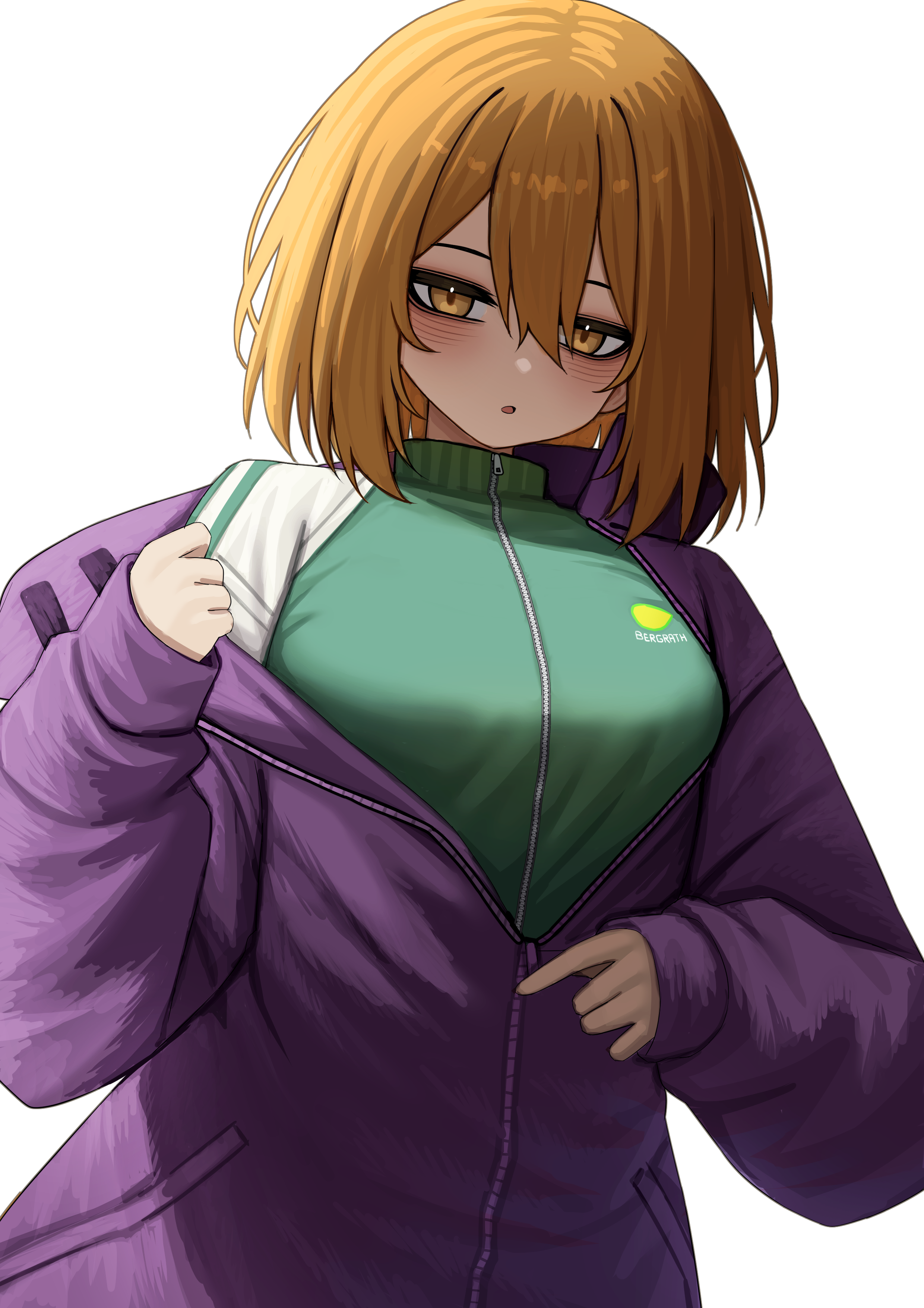 lobsteranian, original, absurdres, commission, highres, 1girl, blush, brown eyes, brown hair, green jacket, hair between eyes, jacket, jersey, open mouth, purple jacket, short hair, solo