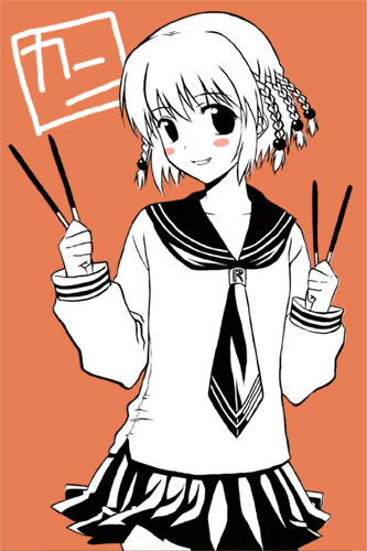 jimeko, kanisawa kinu, tsuyokiss, lowres, translated, 1girl, female focus, monochrome, red background, simple background, solo