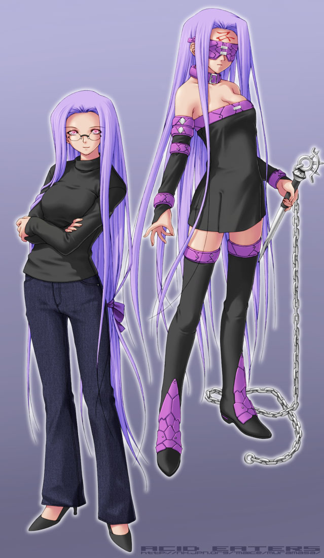 kazuma muramasa, medusa (fate), medusa (rider) (fate), fate/hollow ataraxia, fate/stay night, fate (series), 00s, 1girl, bare shoulders, black thighhighs, blindfold, boots, breasts, cleavage, collar, denim, detached sleeves, dual persona, glasses, high heels, jeans, long hair, long sleeves, low-tied long hair, medium breasts, multiple views, nameless dagger (fate), pants, pink eyes, purple hair, shoes, square pupils, thigh boots, thighhighs, turtleneck, very long hair