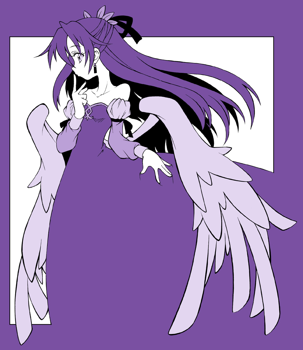 senju rion, claudia (shinrabanshou), shinrabanshou, highres, 1girl, dress, earrings, female focus, half updo, jewelry, long hair, profile, purple dress, purple hair, purple theme, solo, wings