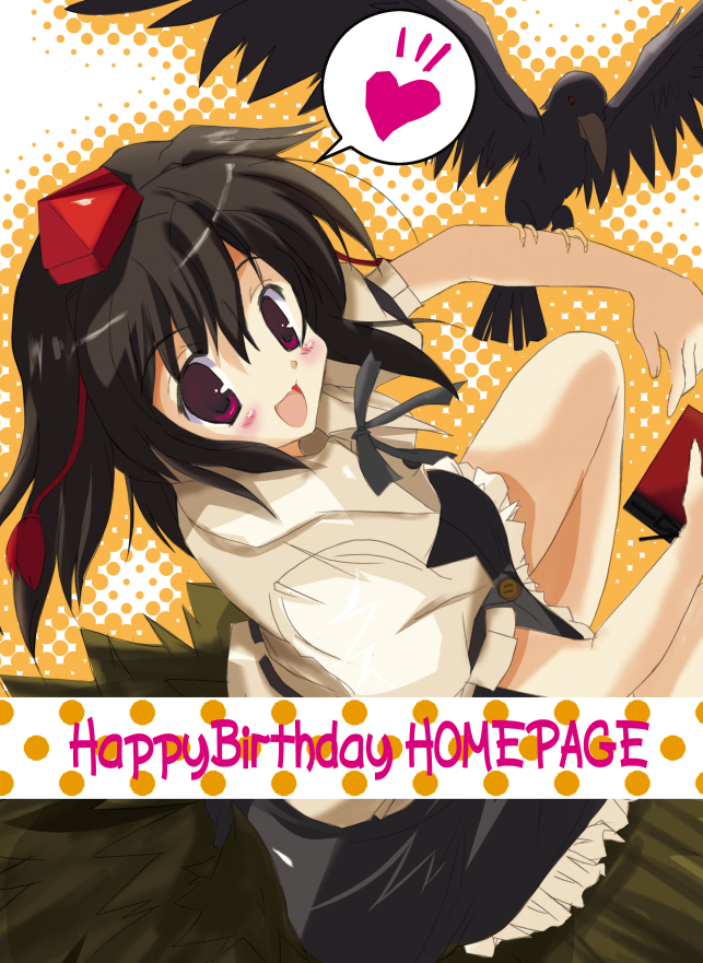 happy birthday (artist), shameimaru aya, touhou, 1girl, animal on arm, bird, bird on arm, black hair, blush, crow, female focus, hat, looking at viewer, open mouth, red eyes, skirt, smile, solo, tokin hat