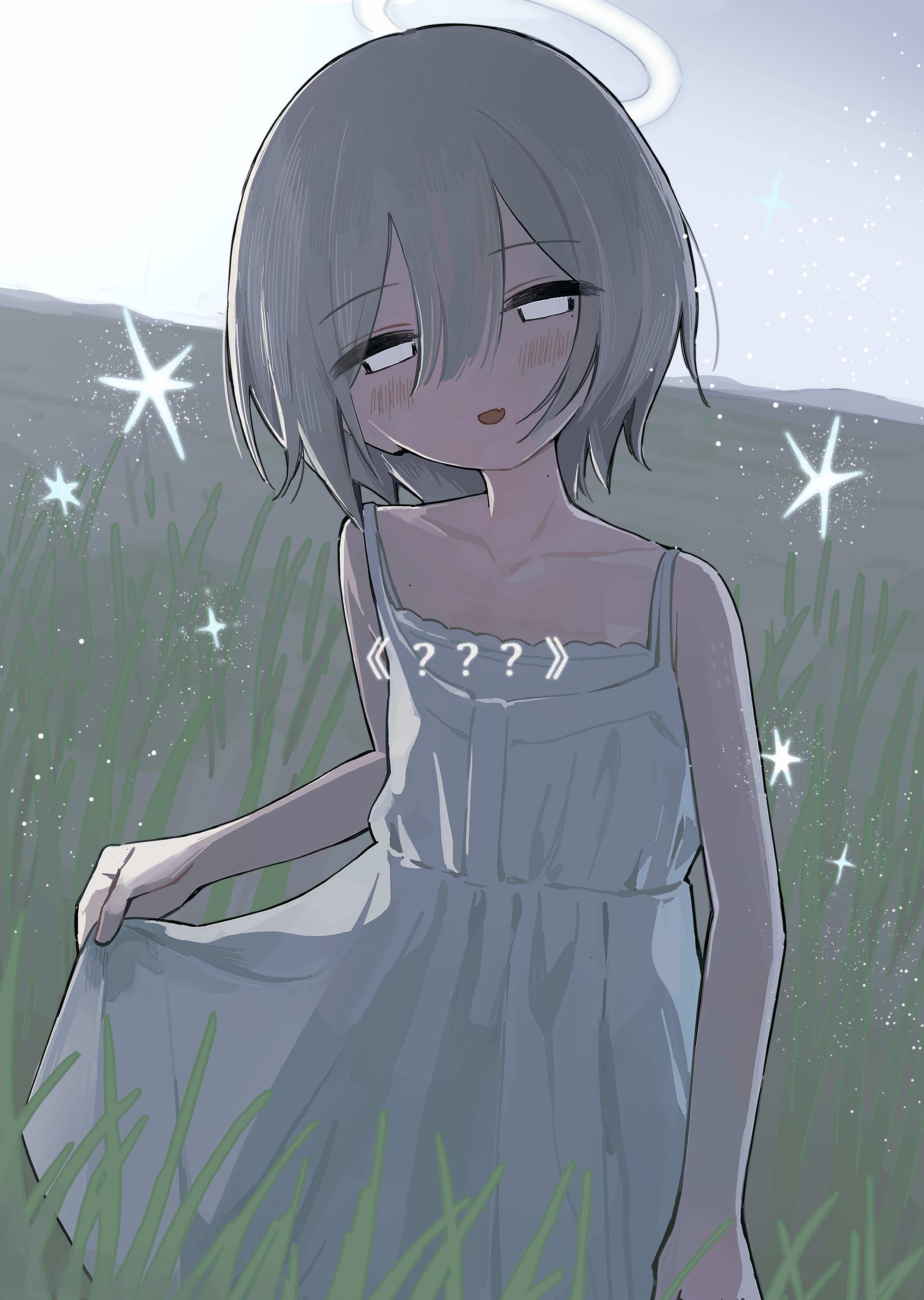 inoue warabi, original, absurdres, commentary request, highres, 1girl, ?, ??, blush, collarbone, dress, fang, flat chest, grass, grey hair, hair between eyes, halo, light particles, looking at viewer, medium hair, mole, mole on neck, no pupils, outdoors, parted lips, skin fang, skirt hold, solo, white dress, white eyes