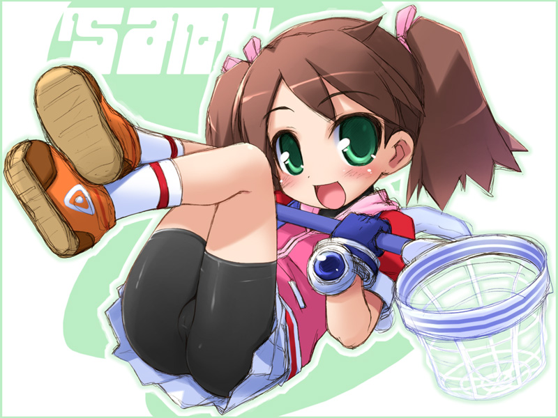 haga yui, sayaka (saru getchu), saru getchu, 1girl, bike shorts, bike shorts under skirt, black shorts, blush, brown hair, cameltoe, female focus, gloves, green eyes, hair ribbon, hand net, jacket, legs up, loli, lying, net, on back, ribbon, shoes, short hair, short twintails, shorts, shorts under skirt, sketch, skin tight, skirt, sneakers, socks, solo, twintails, watch