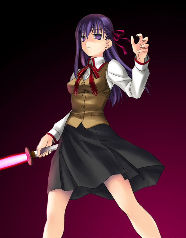 norizou type-r, matou sakura, fate/stay night, fate (series), star wars, 00s, 1girl, breasts, energy sword, female focus, gradient background, hair ribbon, homurabara academy school uniform, lightsaber, long hair, purple eyes, purple hair, ribbon, school uniform, serafuku, solo, sword, weapon