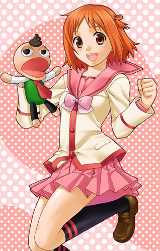 mattaku mousuke, pucchan, randou rino, gokujou seitokai, lowres, official art, 00s, 1girl, blazer, bow, female focus, jacket, jumping, kneehighs, looking at viewer, open mouth, orange eyes, orange hair, pink bow, pleated skirt, polka dot, puppet, school uniform, serafuku, short hair, skirt, smile, socks, solo