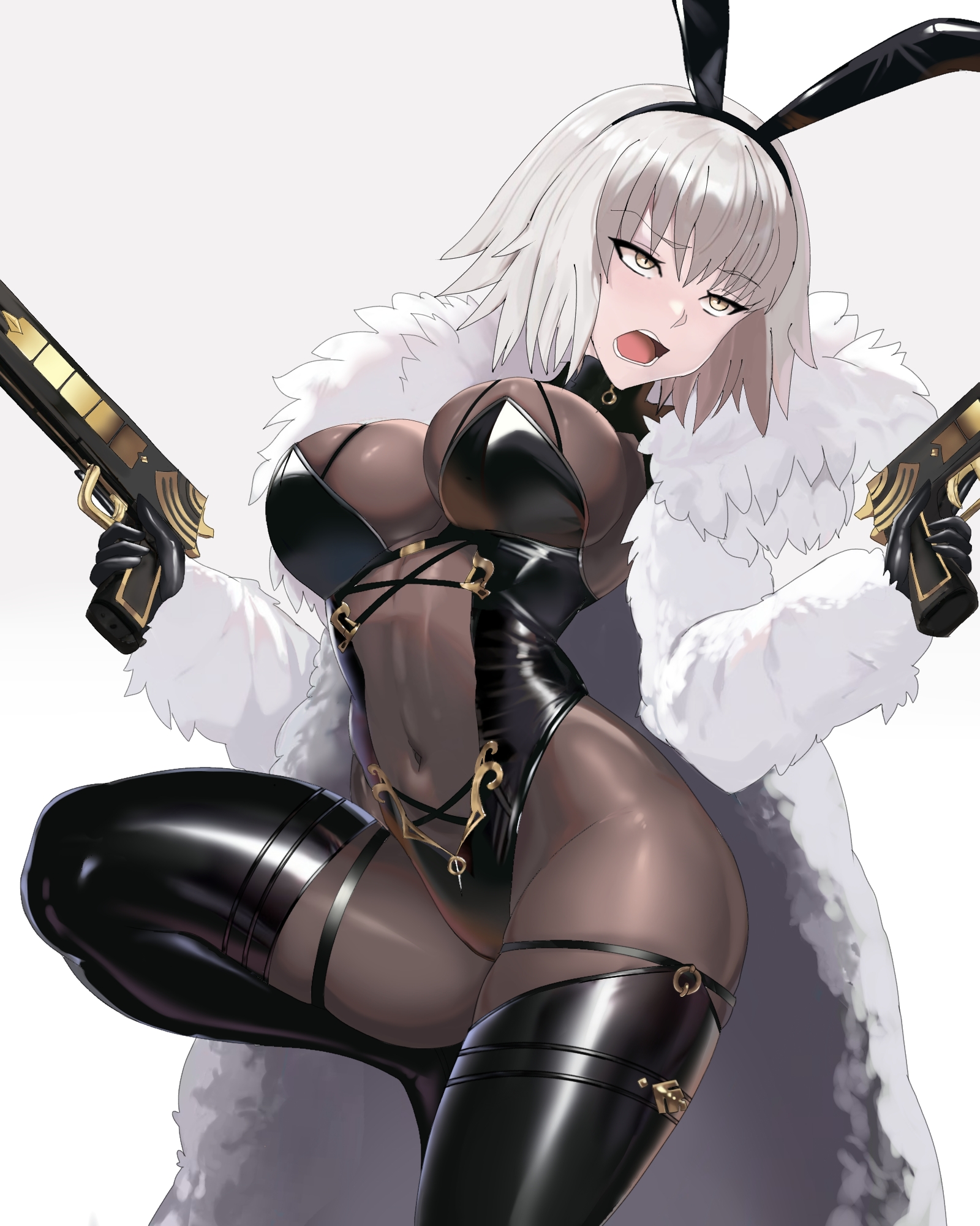 jeanne d'arc alter (fate), lancelot (evertale), evertale, fate/grand order, fate (series), highres, 1girl, animal ears, asoberis, black gloves, black leotard, black thighhighs, bodysuit, breasts, brown bodysuit, coat, cosplay, covered navel, dual wielding, fake animal ears, fur coat, fur trim, gloves, grey hair, gun, holding, lancelot (evertale) (cosplay), large breasts, leotard, leotard over bodysuit, long sleeves, looking to the side, nontraditional playboy bunny, open mouth, playboy bunny, rabbit ears, see-through cleavage, see-through clothes, solo, thighhighs, weapon, yellow eyes