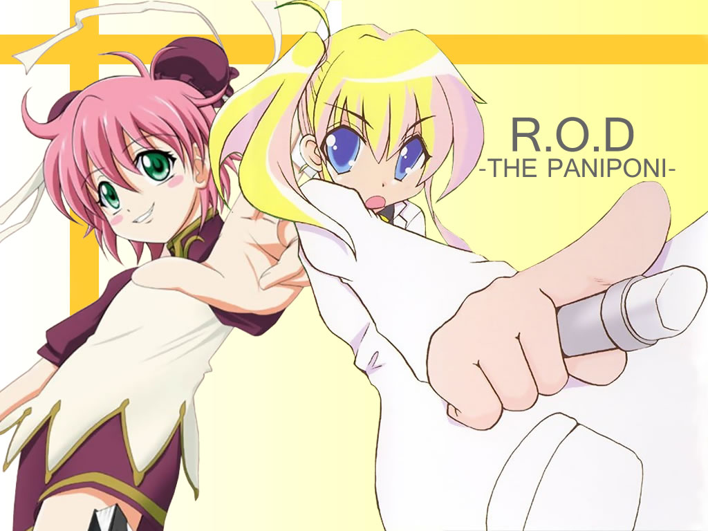 anita king, rebecca miyamoto, saitou chiwa, pani poni dash!, r.o.d the tv, read or die, 00s, 2girls, back-to-back, blonde hair, blue eyes, blush, bun cover, chalk, double bun, green eyes, hair bun, loli fashion, multiple girls, open mouth, pink hair, pointing, ribbon, short hair, smile, twintails, voice actor connection