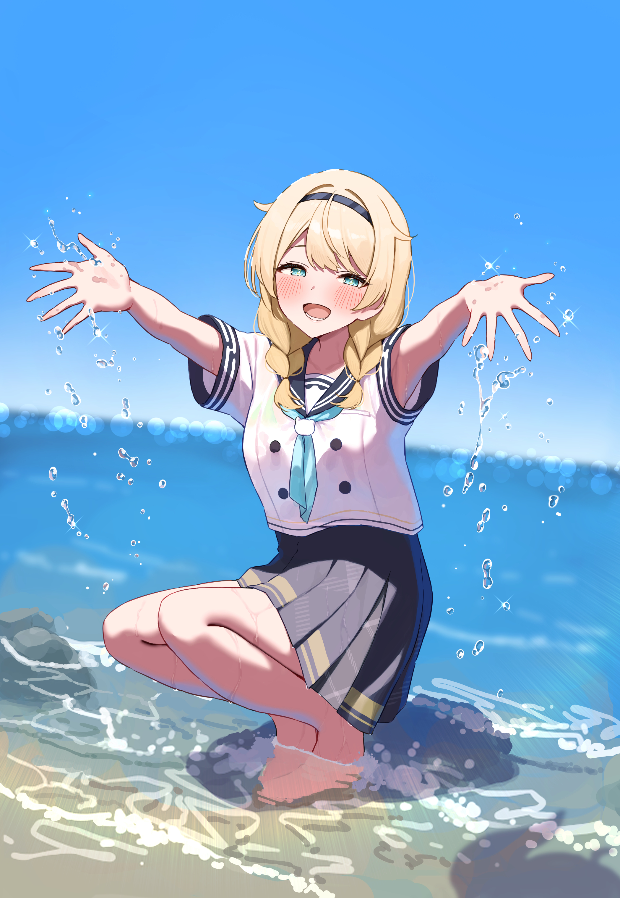 wanimaru, kazama iroha, hololive, braided twintails, absurdres, highres, 1girl, blonde hair, blue eyes, blush, braid, collarbone, headband, looking at viewer, lower teeth only, open mouth, pleated skirt, sailor collar, shirt, skirt, sky, solo, squatting, teeth, white shirt