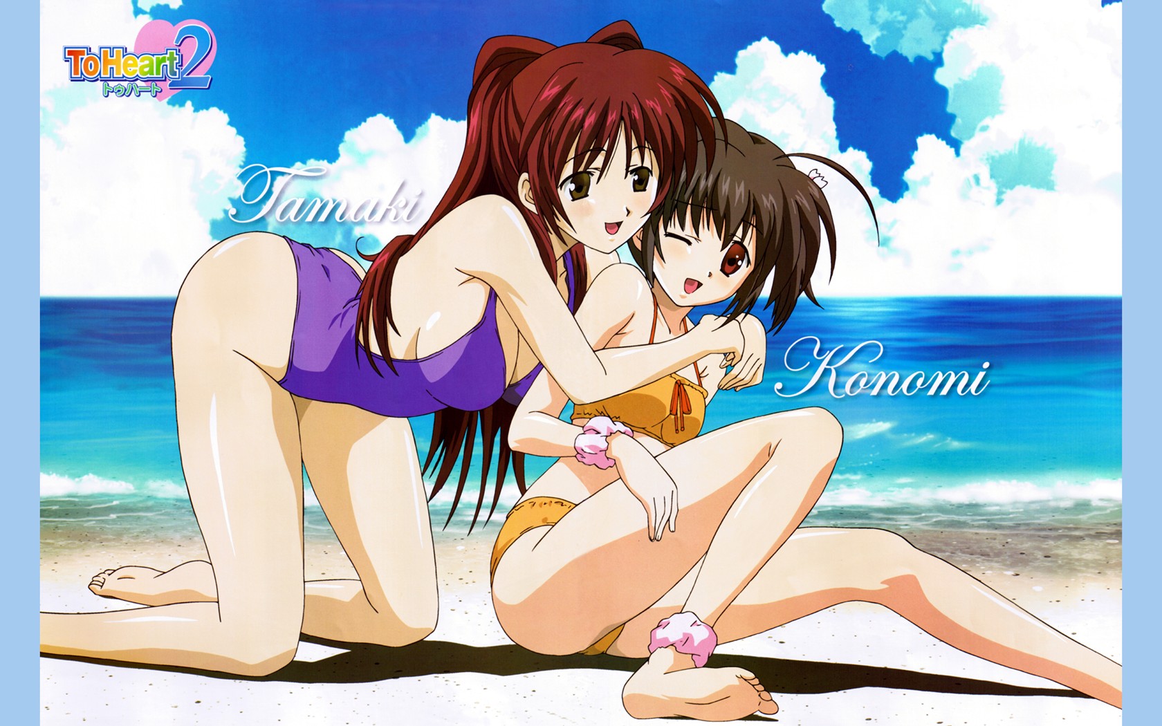 itagaki atsushi, kousaka tamaki, yuzuhara konomi, to heart (series), to heart 2, highres, 00s, 2girls, barefoot, beach, bikini, blush, brown eyes, brown hair, cloud, day, feet, hug, hug from behind, long hair, multiple girls, ocean, one-piece swimsuit, one eye closed, outdoors, red eyes, red hair, short hair, swimsuit, tankini, wink