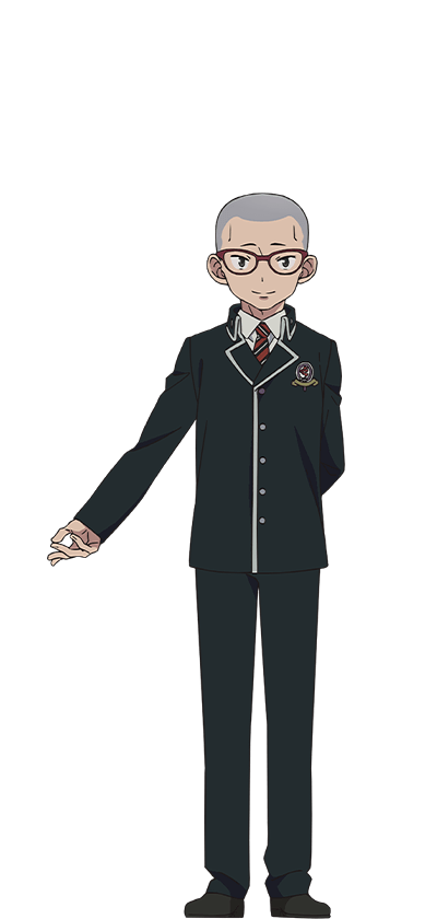 oohigashi yurie, miwa konekomaru, ao no exorcist, official art, 1boy, anime coloring, arm behind head, brown eyes, closed mouth, collared shirt, dress shoes, full body, glasses, green jacket, green pants, jacket, long sleeves, looking at viewer, necktie, open hand, outstretched arm, pants, red-framed eyewear, school uniform, shaved head, shirt, short eyebrows, simple background, smile, solo, standing, striped necktie, transparent background, white shirt