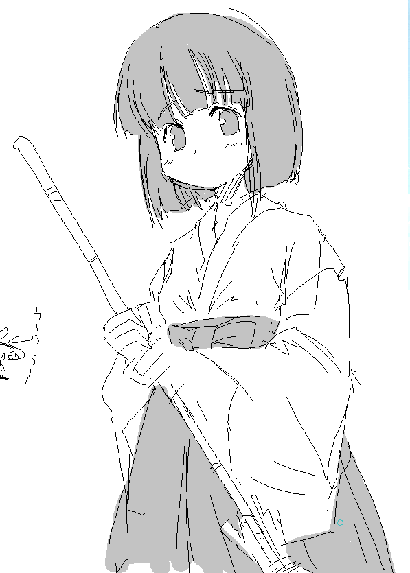 onija tarou, tagme, greyscale, japanese clothes, miko, monochrome, oekaki, solo