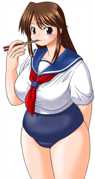katou (katohayabusa), gyozachan, futaba channel, ikenai shutter chance!, 1girl, bad anatomy, bad hands, blue eyes, breasts, brown hair, buruma, chopsticks, female focus, gym uniform, huge breasts, long hair, no pants, one-piece swimsuit, plump, poorly drawn, school swimsuit, school uniform, serafuku, solo, swimsuit, swimsuit under clothes