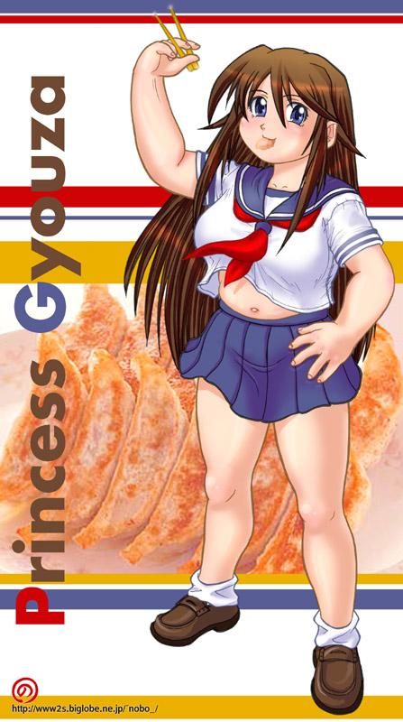 gyozachan, futaba channel, ikenai shutter chance!, 1girl, blue eyes, breasts, brown hair, female focus, hand on own hip, large breasts, long hair, looking at viewer, medium breasts, plump, simple background, solo, standing, white background