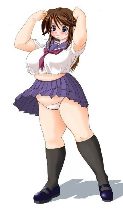 katou (katohayabusa), gyozachan, futaba channel, ikenai shutter chance!, jpeg artifacts, third-party edit, 1girl, black socks, breasts, female focus, kneehighs, large breasts, panties, pleated skirt, plump, school uniform, serafuku, shoes, skirt, socks, solo, standing, underwear, upskirt, white panties, wind, wind lift