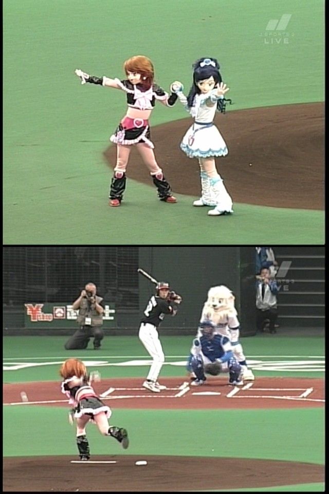 cure black, cure white, futari wa precure, precure, anime screenshot, cosplay photo, photo (medium), animegao, asian, baseball, brown hair, cosplay, gloves, kigurumi, long hair, midriff, short hair, zentai