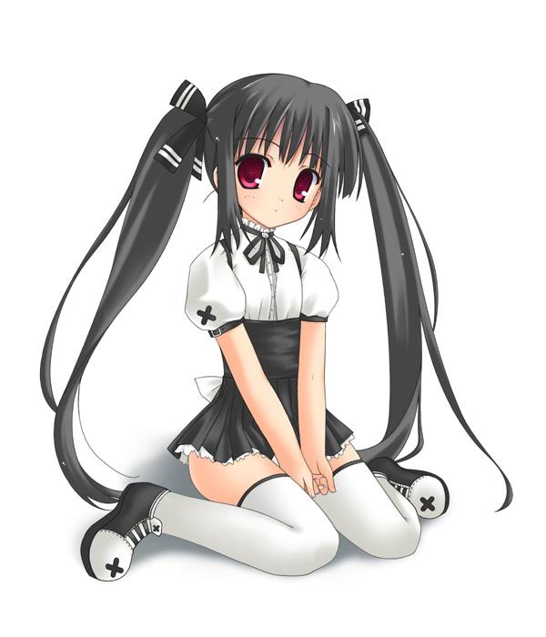 kooh (pangya), pangya, 1girl, between legs, female focus, hand between legs, red eyes, ribbon, simple background, sitting, solo, thighhighs, twintails, wariza, white background