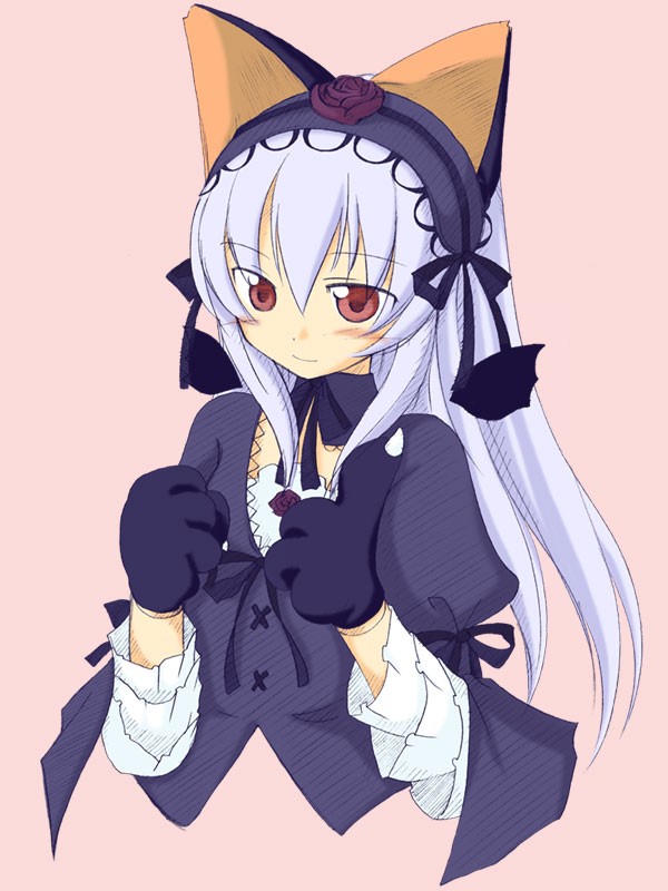takami ryou, suigintou, rozen maiden, 00s, 1girl, animal ears, animal hands, cat ears, female focus, goth fashion, lolita fashion, pink background, simple background, solo