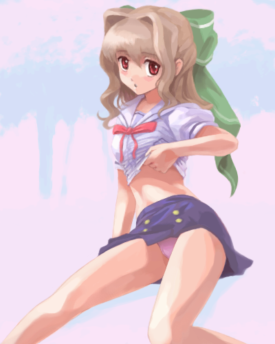 aisia, da capo, da capo i, lowres, 00s, 1girl, bow, brown eyes, clothes lift, female focus, hair bow, long hair, midriff, miniskirt, panties, pantyshot, purple panties, red eyes, school uniform, serafuku, shirt lift, sitting, skirt, solo, underwear, upskirt