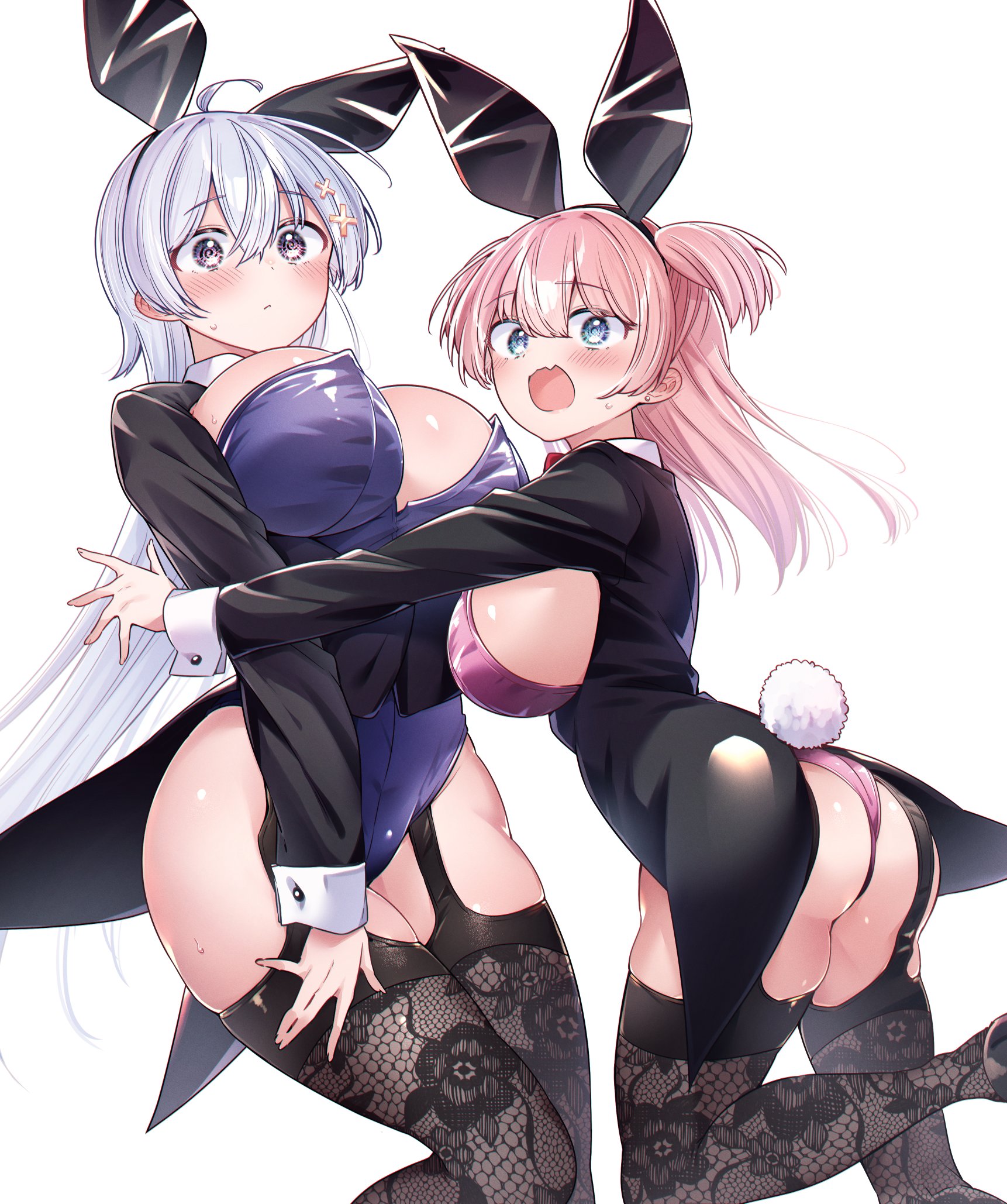 kamio fukuchi, hiwamura hiyori, yowa yowa sensei, highres, 2girls, ahoge, animal ear hairband, animal ears, ass, blue eyes, blush, breasts, ear blush, fake animal ears, floral print thighhighs, garter straps, grey hair, hair ornament, hairband, large breasts, leotard, long hair, long sleeves, multiple girls, pink hair, pink leotard, purple eyes, purple leotard, rabbit ear hairband, rabbit ears, rabbit tail, sweat, tail, thighhighs, white background, white wrist cuffs, wrist cuffs, x hair ornament