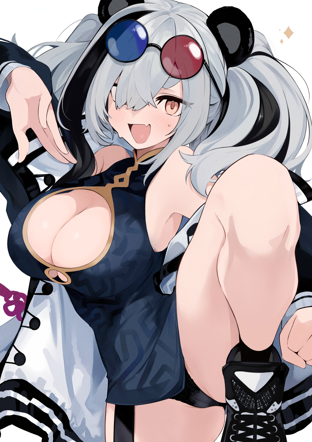 ohichi16, feater (arknights), arknights, commentary request, highres, 1girl, :d, animal ears, black dress, black panties, breasts, brown eyes, china dress, chinese clothes, dress, eyewear on head, fighting stance, grey hair, large breasts, looking at viewer, open mouth, panda ears, panda girl, panties, round eyewear, smile, solo, standing, standing on one leg, sunglasses, thighs, underwear