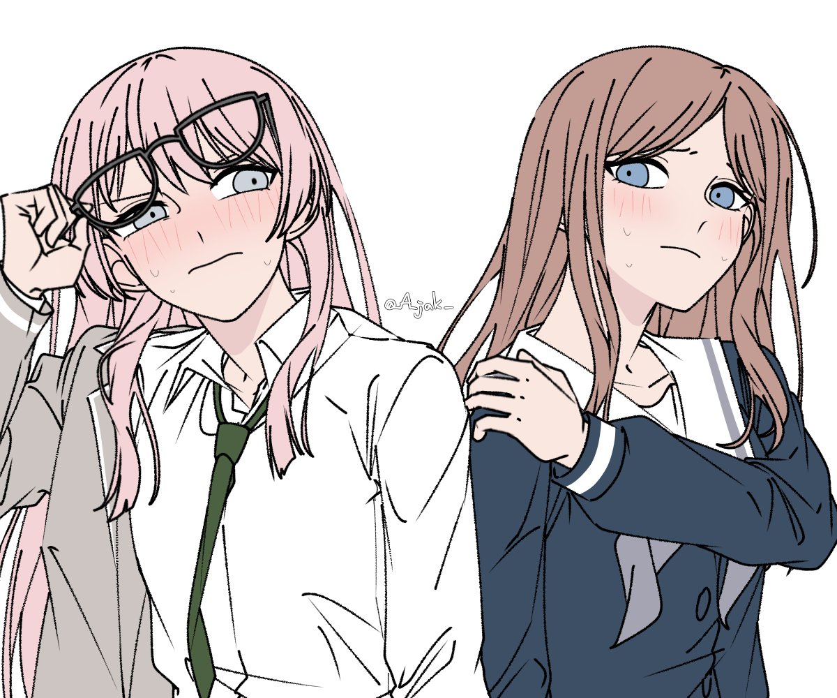 a jak, chihaya anon, nagasaki soyo, bang dream!, bang dream! it's mygo!!!!!, 2girls, blue eyes, blue shirt, brown hair, eyewear lift, glasses, green necktie, grey eyes, grey neckerchief, haneoka school uniform, long hair, long sleeves, multiple girls, neckerchief, necktie, pink hair, school uniform, shirt, sidelocks, tsukinomori school uniform, white shirt