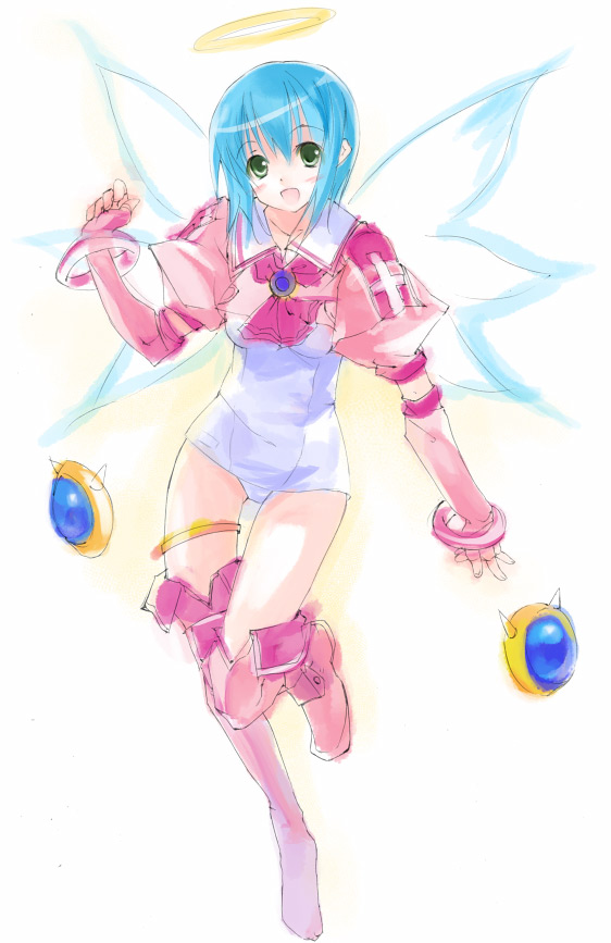 djibril (makai tenshi djibril), manabe rika, makai tenshi djibril, 1girl, :d, angel, blue hair, blush, bob cut, boots, bracelet, cross, elbow gloves, female focus, fingerless gloves, flapper shirt, full body, gem, gloves, glowing, green eyes, halo, jewelry, leg lift, looking at viewer, magical girl, necktie, one-piece swimsuit, open mouth, pink boots, pink thighhighs, sailor collar, school swimsuit, shirt, short hair, sidelocks, sketch, smile, solo, spikes, standing, standing on one leg, swimsuit, swimsuit costume, swimsuit under clothes, thigh boots, thigh gap, thigh strap, thighhighs, thighs, traditional halo, white one-piece swimsuit, white school swimsuit, wings
