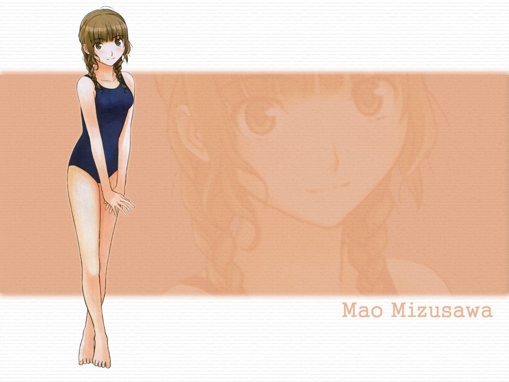 mizusawa mao, kimi kiss, 1girl, barefoot, braid, brown background, brown eyes, brown hair, character name, female focus, legs, looking at viewer, one-piece swimsuit, school swimsuit, solo, swimsuit, twin braids, zoom layer