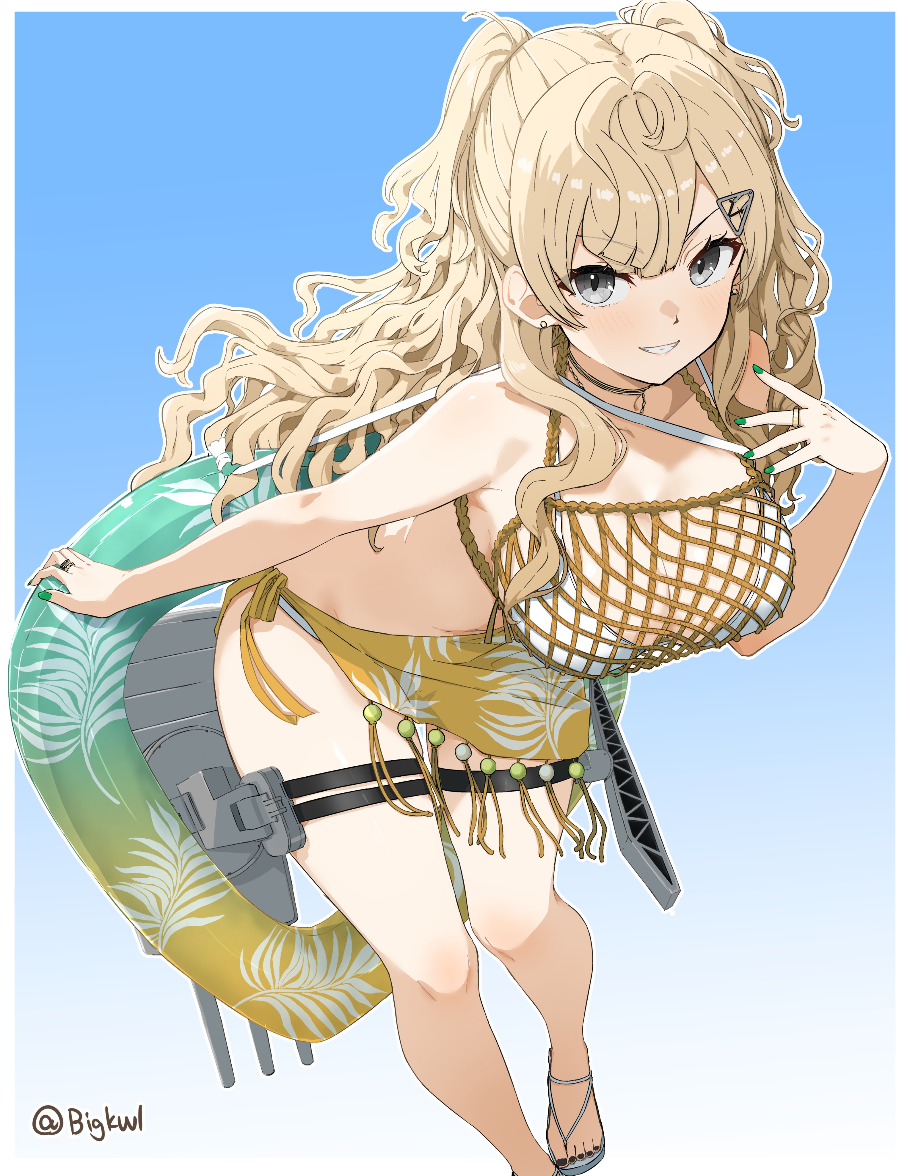 bigkwl, minneapolis (kancolle), kantai collection, absurdres, commentary request, highres, 1girl, bikini, blonde hair, breasts, cleavage, fishnets, flower, gradient background, grey eyes, grin, hair flower, hair ornament, large breasts, long hair, looking at viewer, mesh, minneapolis (swimsuit) (kancolle), navel, official alternate costume, rigging, sandals, sarong, smile, solo, swimsuit, twitter username, two side up, white bikini, yellow sarong