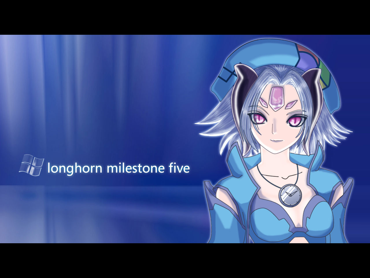 longhorn, os-tan, 1girl, beret, collarbone, facial mark, female focus, flipped hair, forehead jewel, grey hair, hat, horns, jewelry, letterboxed, looking at viewer, necklace, pendant, purple eyes, slit pupils, solo, upper body, watch