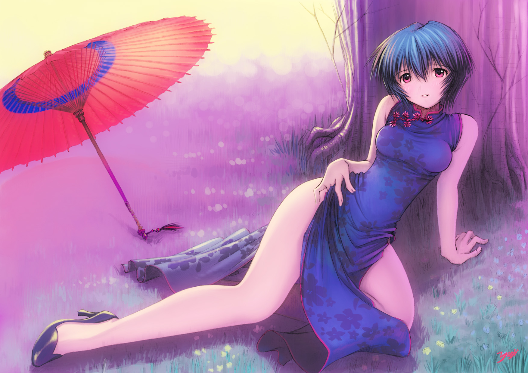 kobayashi yuji, ayanami rei, neon genesis evangelion, highres, 1girl, against tree, arm support, blue hair, china dress, chinese clothes, dress, female focus, high heels, legs, lying, oil-paper umbrella, outdoors, red eyes, shoes, short hair, solo, tree, umbrella, under tree