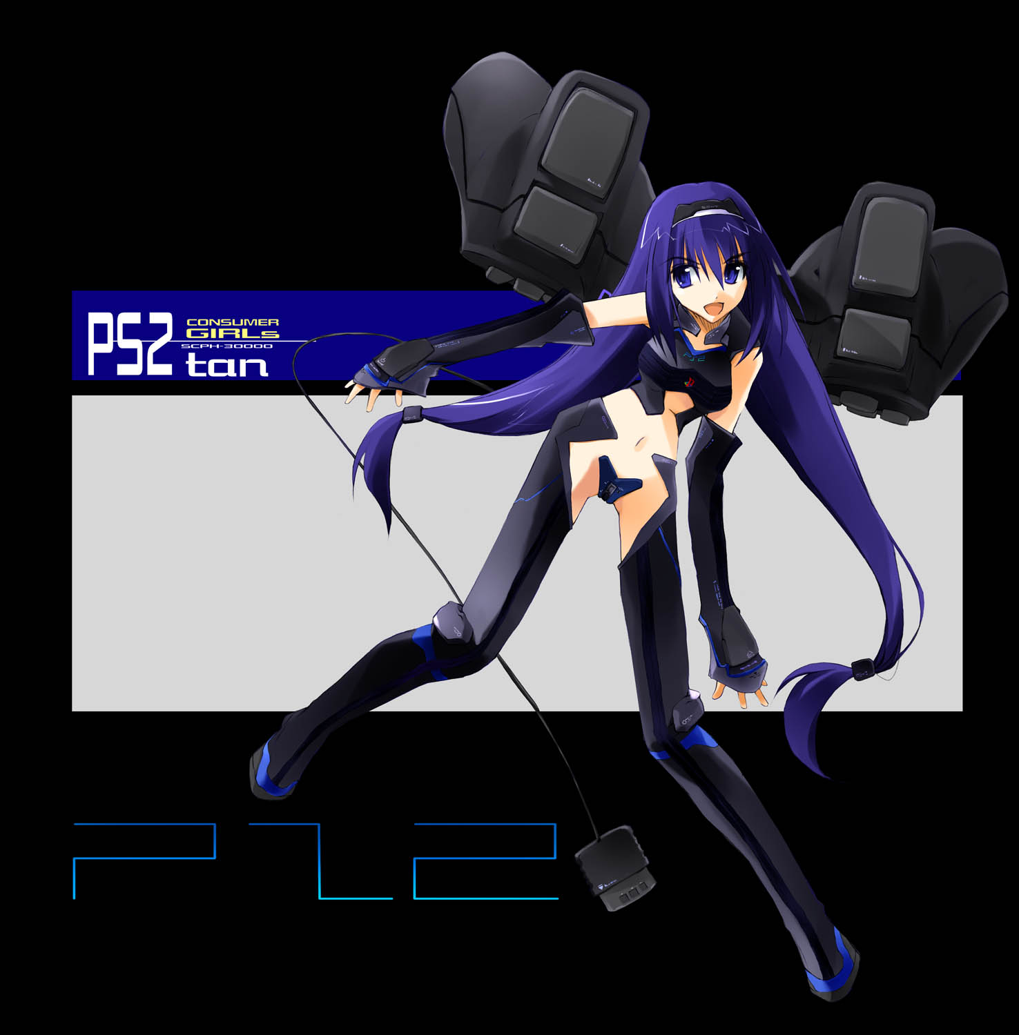 nagare hyougo, ps2-tan, os-tan, console, highres, 1girl, black thighhighs, blue hair, character name, female focus, full body, game console, hair between eyes, long hair, personification, playstation 2, playstation controller, product girl, solo, thighhighs, very long hair