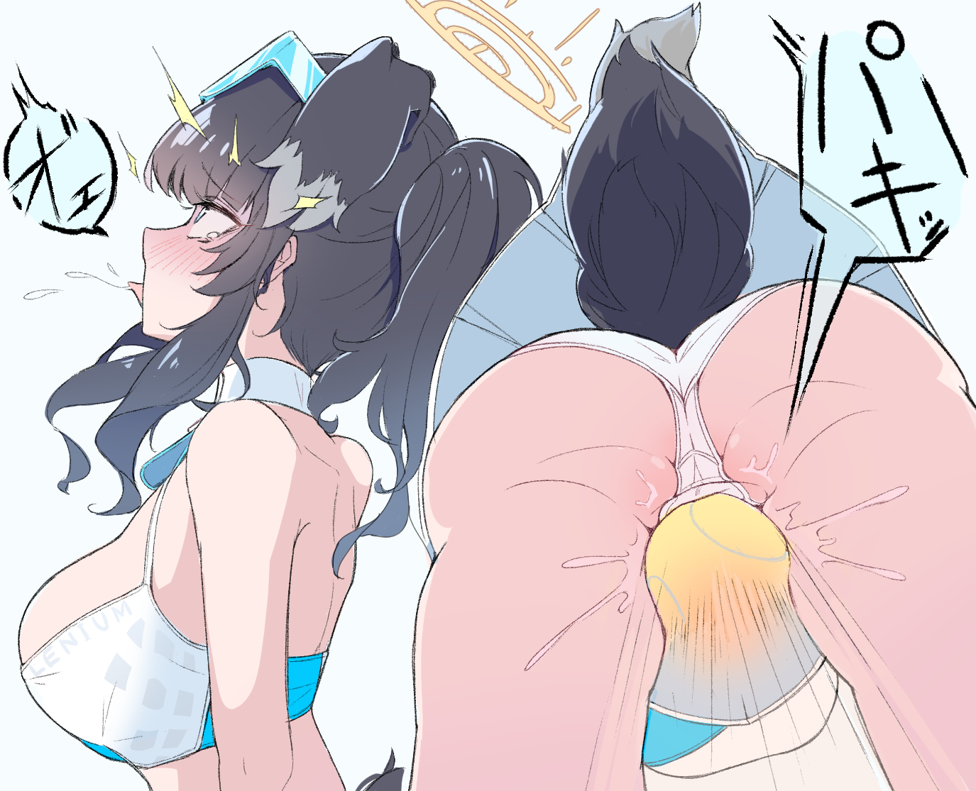 hibiki (blue archive), hibiki (cheer squad) (blue archive), blue archive, 1girl, animal ears, araara do, ass, bikini, black fur, black hair, blue eyes, breasts, crop top, dog ears, dog girl, dog tail, from below, halo, halterneck, large breasts, motion lines, multiple views, open mouth, panties, ryona, shoulder blades, simple background, skirt, solo, speech bubble, speed lines, swimsuit, tail, tearing up, tongue, tongue out, underwear, white background, white panties, white skirt, wide-eyed, yellow halo