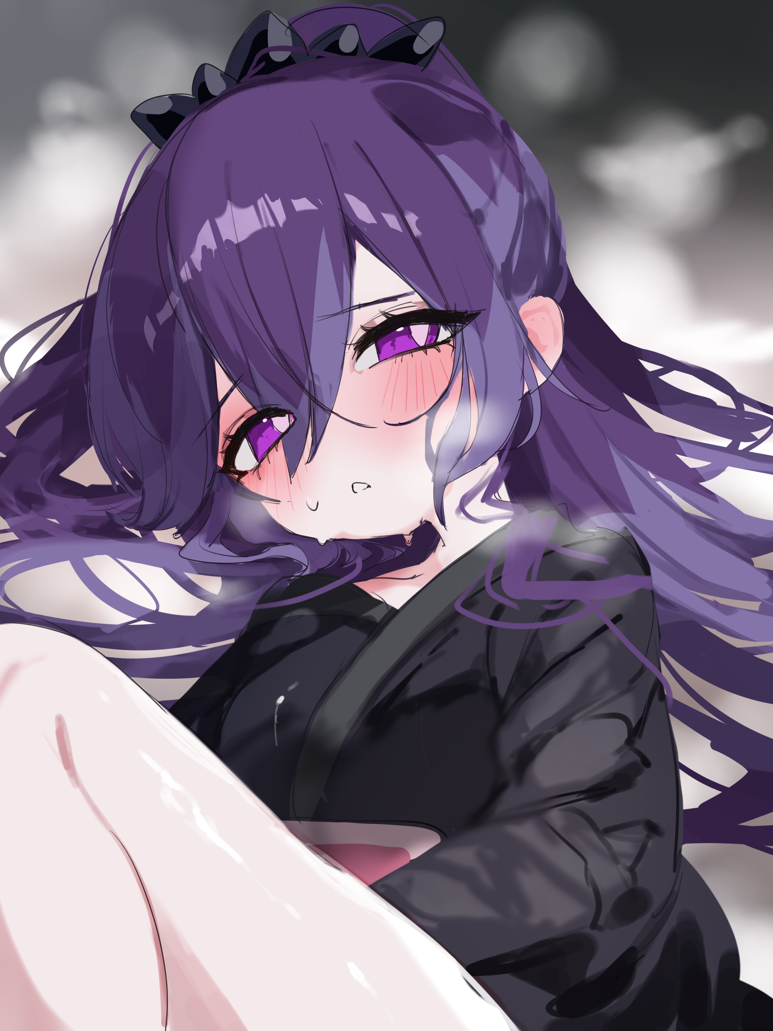 hyakkihime, youkai watch, absurdres, commentary request, highres, 1girl, black background, black kimono, blush, collarbone, colored tips, diamond star12, eyes visible through hair, gradient background, hair between eyes, hair ornament, hair spread out, heavy breathing, high ponytail, japanese clothes, kimono, leaning back, legs up, long hair, long sleeves, looking at viewer, multicolored hair, obi, parted lips, pink sash, ponytail, purple eyes, purple hair, sash, sitting, solo, sweat, thighs, white background, youkai (youkai watch)