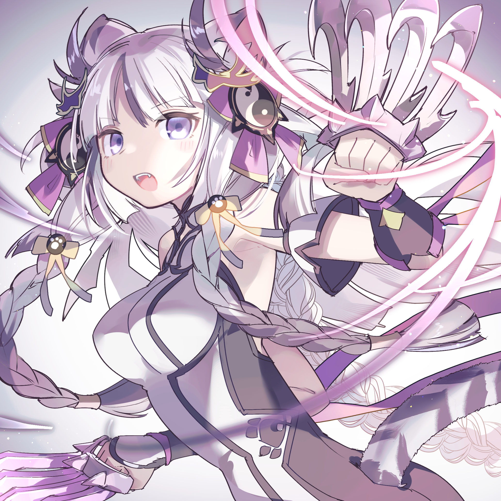 kuuron (moesann17), haku (p&d), puzzle & dragons, highres, 1girl, animal ears, armpits, bare shoulders, blush, bow, braid, breasts, hair bow, long hair, looking at viewer, open mouth, pink eyes, purple hair, solo, teeth, tiger ears, upper teeth only, yin yang