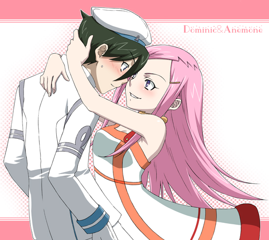kuroo (project apricot), anemone (eureka seven), dominic sorel, bones (company), eureka seven, eureka seven (series), 00s, 1boy, 1girl, beret, black hair, character name, collar, couple, eye contact, hair ornament, hairclip, hat, hetero, hug, long hair, looking at another, military, military uniform, pink hair, purple eyes