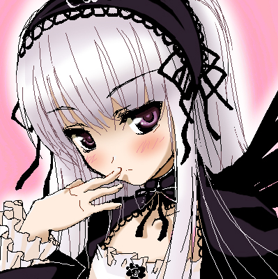 r-type nirvana, suigintou, rozen maiden, light purple hair, silver hair, lowres, 00s, 1girl, blush, female focus, looking at viewer, oekaki, pink background, portrait, purple eyes, solo