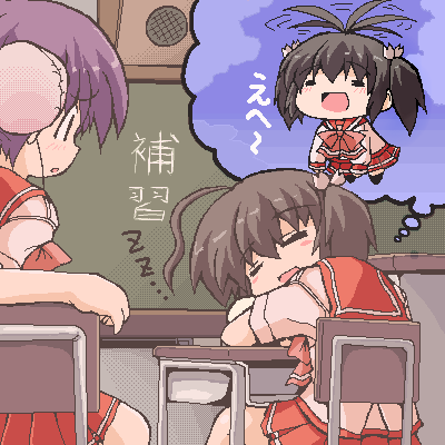 serebi ryousangata, himeyuri ruri, yuzuhara konomi, to heart (series), to heart 2, lowres, 00s, 2girls, ahoge, dreaming, helicopter hair, multiple girls, oekaki, sleeping, sleepy, speech bubble, thought bubble