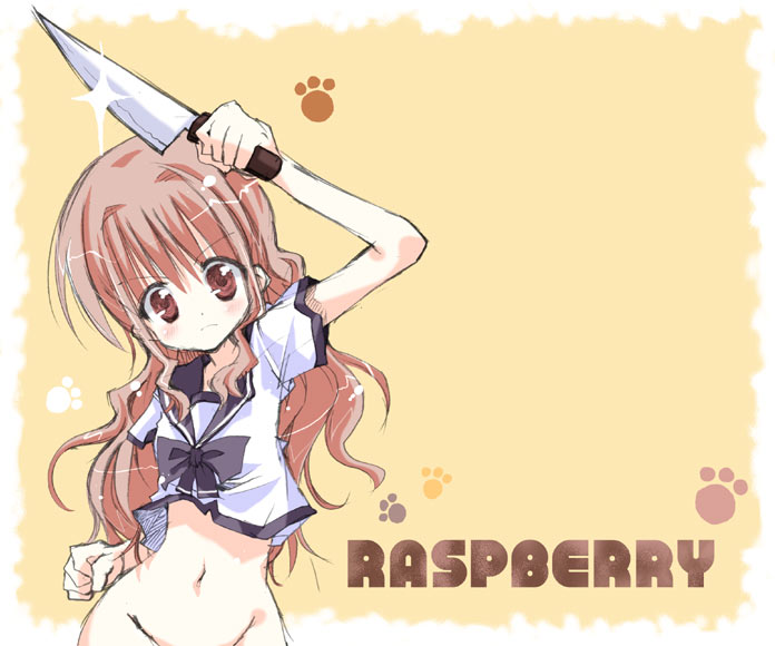 takasaki yuuki, original, 1girl, english text, female focus, knife, long hair, no panties, orange background, pink hair, red eyes, school uniform, serafuku, simple background, solo