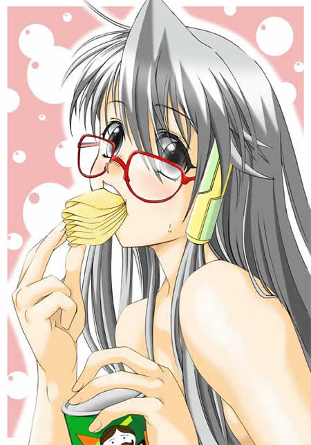 reu (my merry may be), my merry may be, pringles, 1girl, bare shoulders, black eyes, black hair, chips (food), eating, female focus, food, food in mouth, glasses, long hair, mouth hold, potato chips, red-framed eyewear, solo, upper body