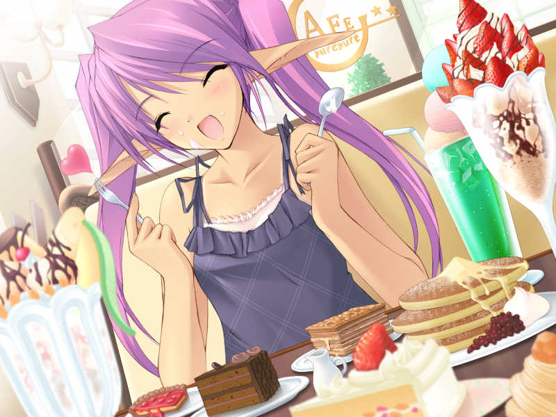 onigirikun, phil ehart, pastel chime, game cg, jpeg artifacts, cake, elf, food, pancake, parfait, pastry, pointy ears