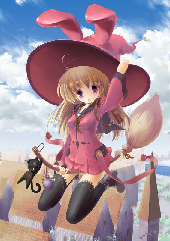 yurikuta tsukumi, animal ears, black thighhighs, broom, broom riding, brown hair, fake animal ears, hat, long hair, purple eyes, rabbit ears, solo, thighhighs, witch, witch hat