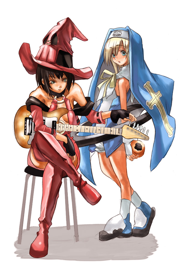 shihira tatsuya, bridget (guilty gear), i-no, arc system works, guilty gear, guilty gear xx, 1boy, 1girl, electric guitar, fingerless gloves, gloves, guitar, hat, instrument, red hat, sitting, thighhighs, trap