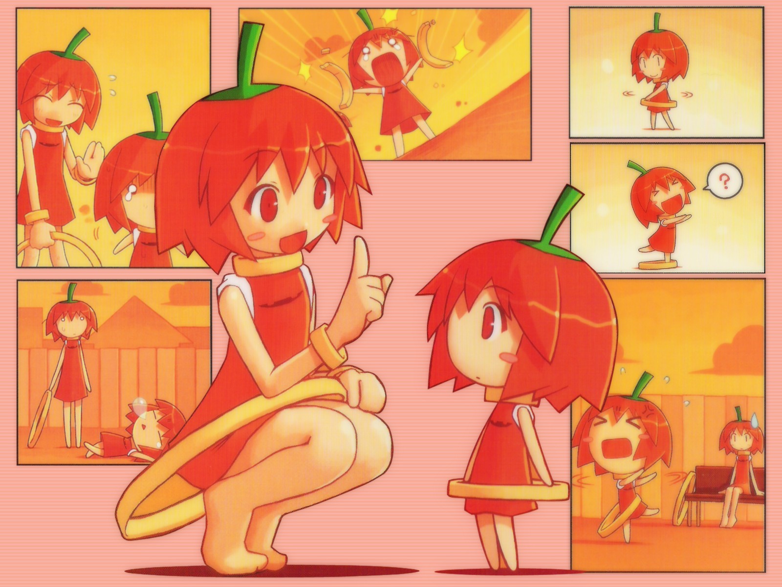 shigatake, boukun habanero, habanero-tan, original, highres, > <, 2girls, :<, :d, ?, anger vein, barefoot, bench, blush stickers, chibi, chili pepper, closed eyes, cloud, dress, fence, flying sweatdrops, habanero pepper, hoop, hula hoop, multiple girls, nose bubble, o o, open mouth, red eyes, red hair, sleeping, smile, snot, spoken question mark, sweatdrop, tears, triangle mouth, xd, | |