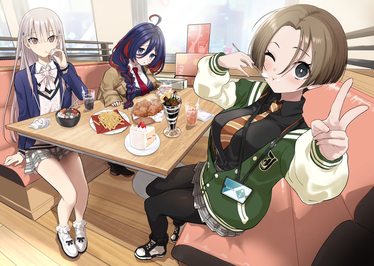 kurosususu, official art, second-party source, 3girls, arisaka aruka, blue hair, booth seating, brown hair, countdown illustration, eating, food, glass, hatsuse noa, jacket, letterman jacket, looking at viewer, menu board, multicolored hair, multiple girls, noma ema, oversized clothes, parfait, restaurant, school uniform, soda, two-tone hair, v, varlet, white hair