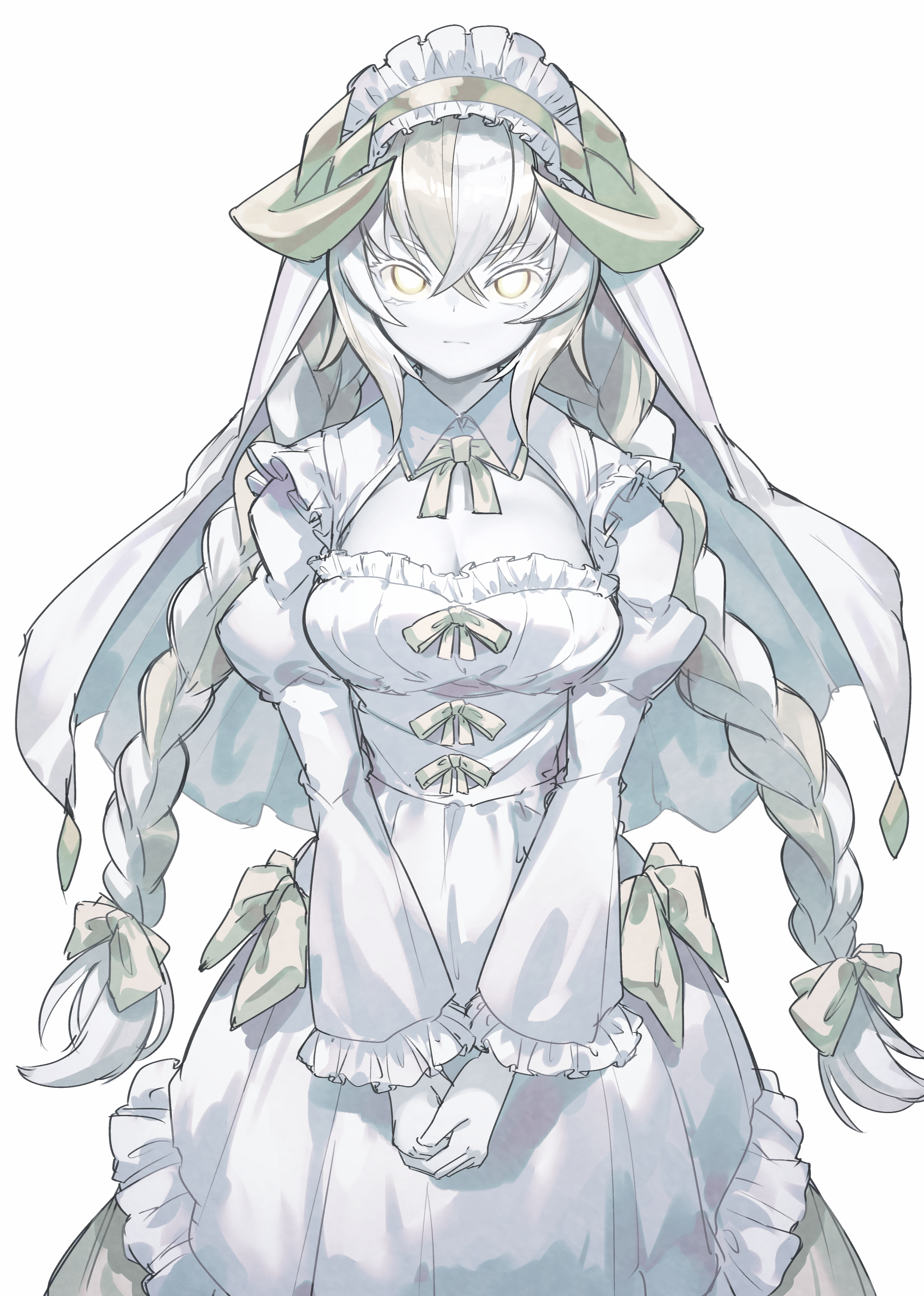 kuuron (moesann17), puzzle & dragons, absurdres, highres, 1girl, apron, blonde hair, braid, breasts, coif, colored skin, dress, elizer (p&d), frilled apron, frills, hair between eyes, horns, low twin braids, maid, maid apron, maid headdress, multicolored hair, own hands together, puffy sleeves, simple background, solo, streaked hair, twin braids, white apron, white background, white hair, white skin, yellow eyes